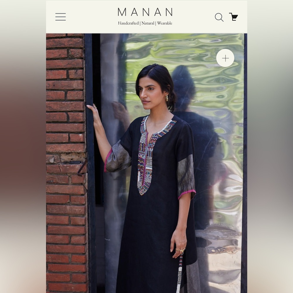 Manan Mato Hand-Embroidered Kurta - Black, size XS, 100% Linen